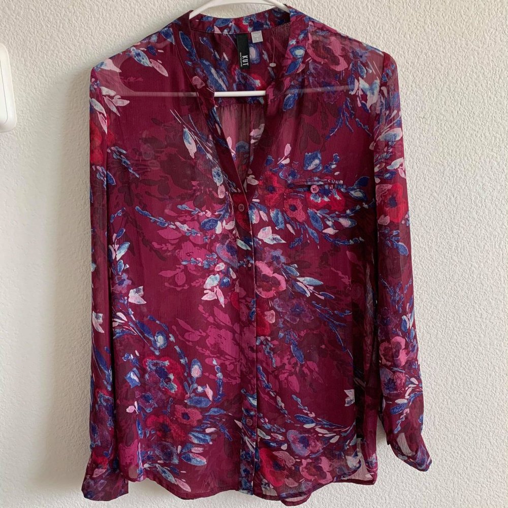 NWOT Kut ft Kloth Purple Sheer Floral Blouse